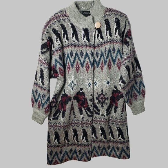Gioia Donna Sweaters - Gioia Donna Vtg Wool Mohair Blend Long Cardigan With Nordic Pattern Gray Meium